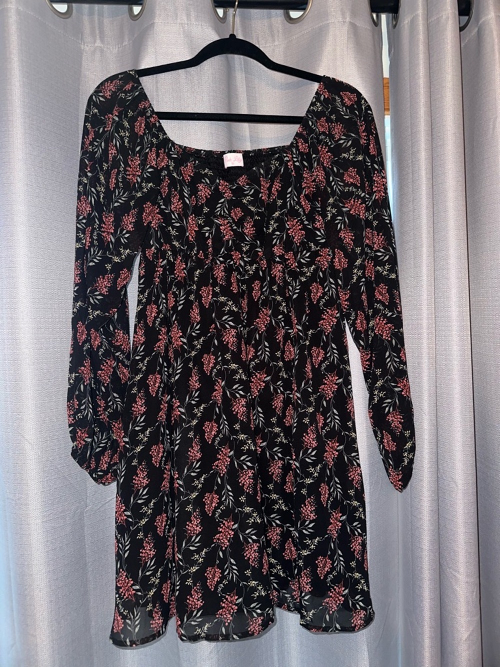 Pink Lily Black Floral Long Sleeve Dress with Pink Blossoms